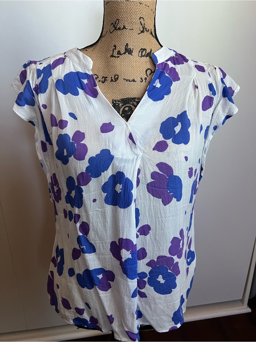 CAbi White V-Neck Cap Sleeve Top with Blue & Purple Floral Print Style #5896